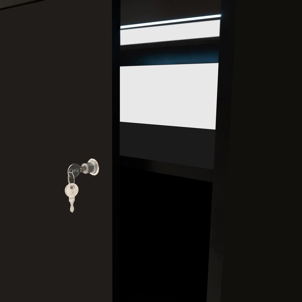 Black LED retail shop counter C1500 featuring a sleek design, key lock, and illuminated display area for showcasing products