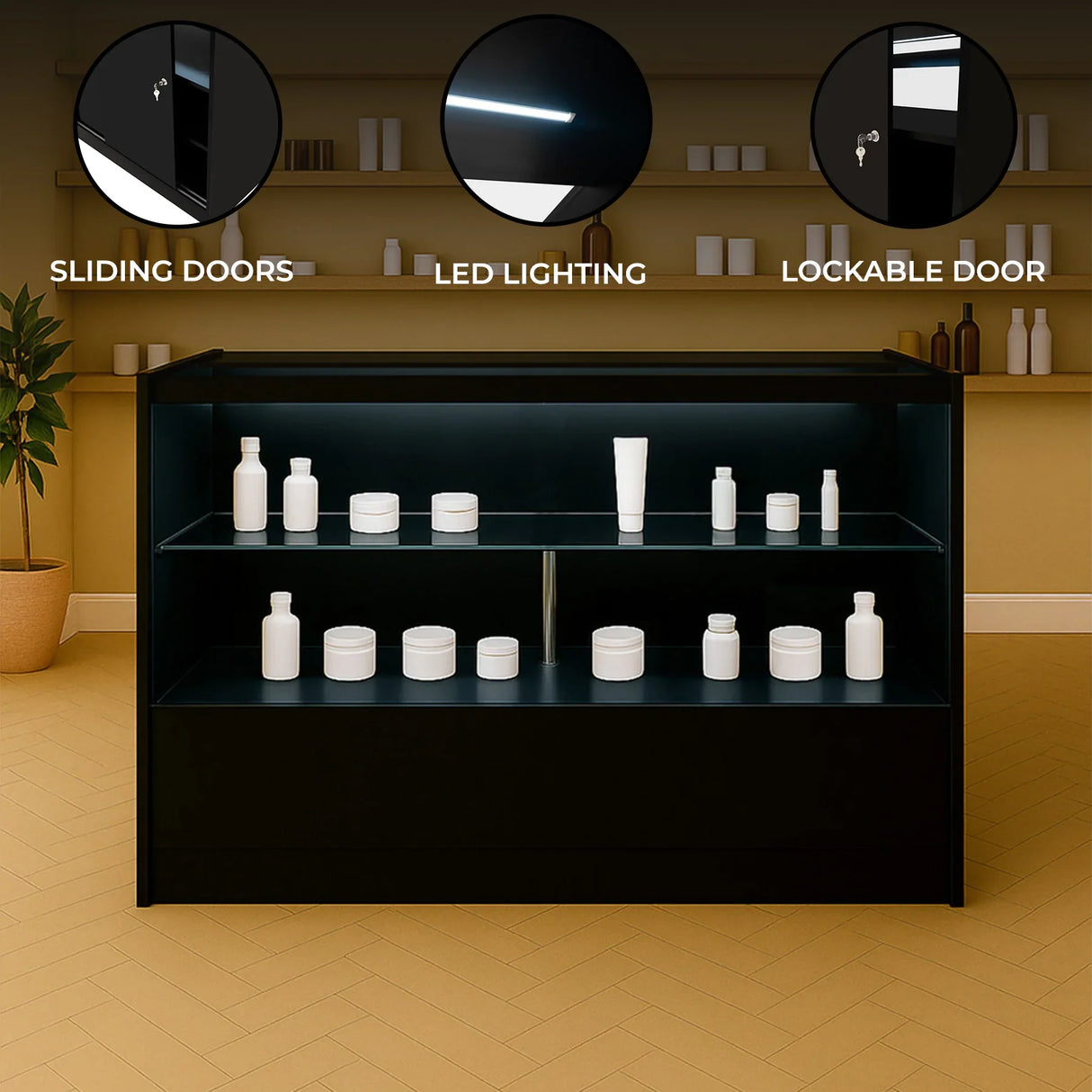 Black LED retail shop counter C1500 with sliding doors, lockable door, and illuminated shelves displaying white cosmetic containers
