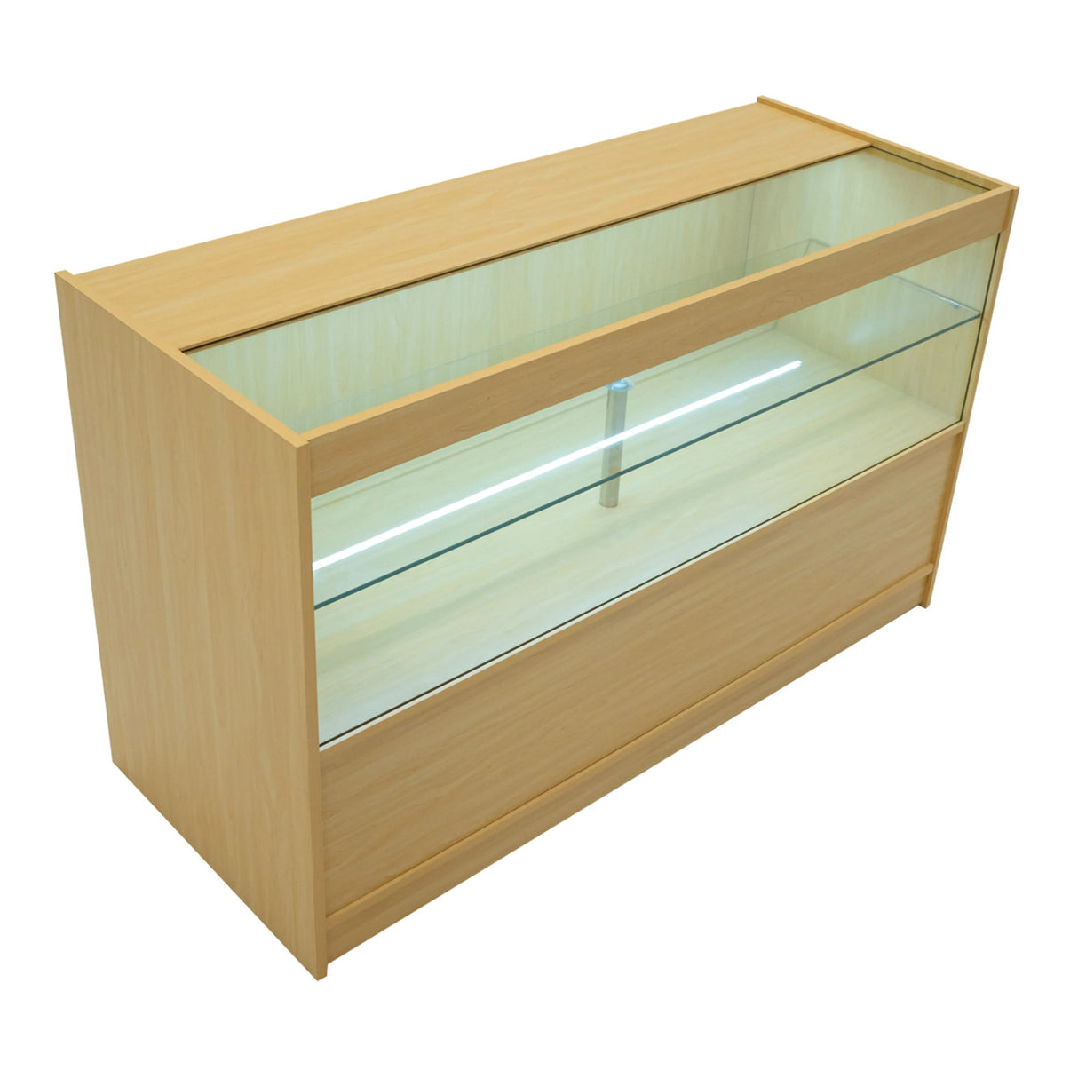 LED retail shop counter in maple finish, featuring a glass display top, sleek design, and illuminated interior for showcasing products