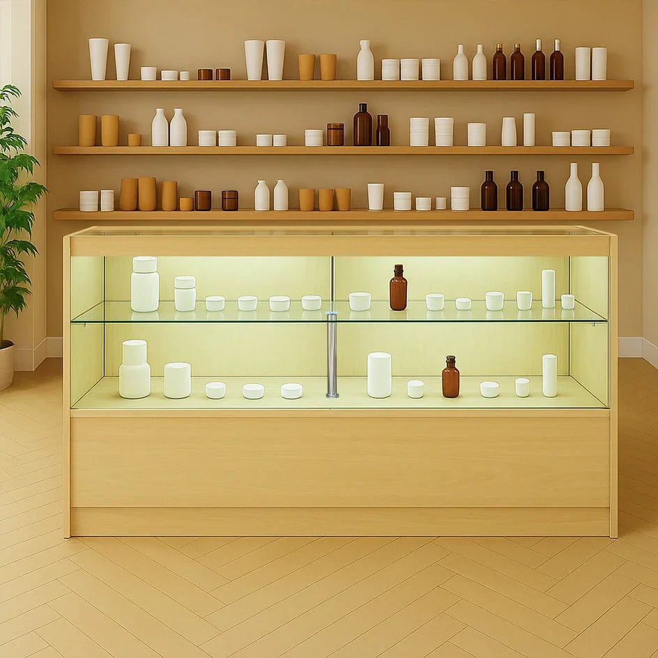 LED retail shop counter C1500 in maple wood with glass shelves, illuminated display, showcasing various white and brown containers