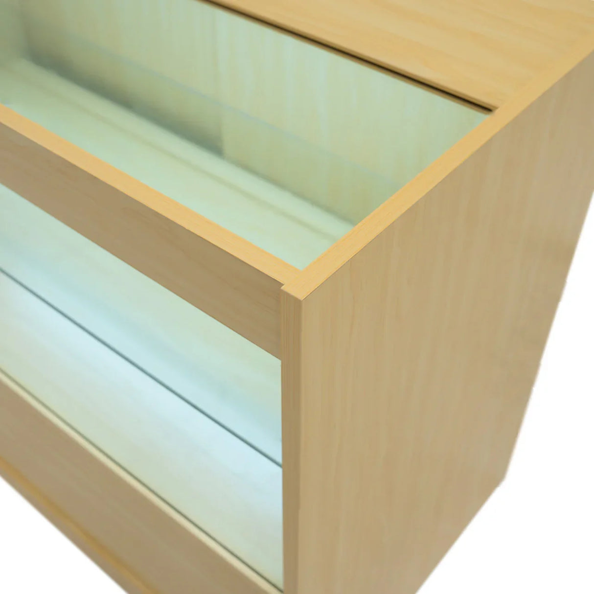 Maple LED retail shop counter C1500 featuring a sleek design, smooth finish, and illuminated display shelves for products