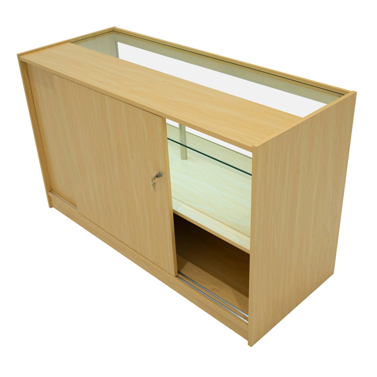 Maple LED retail shop counter C1500 features a sleek design, sliding glass door, and ample display space for merchandise
