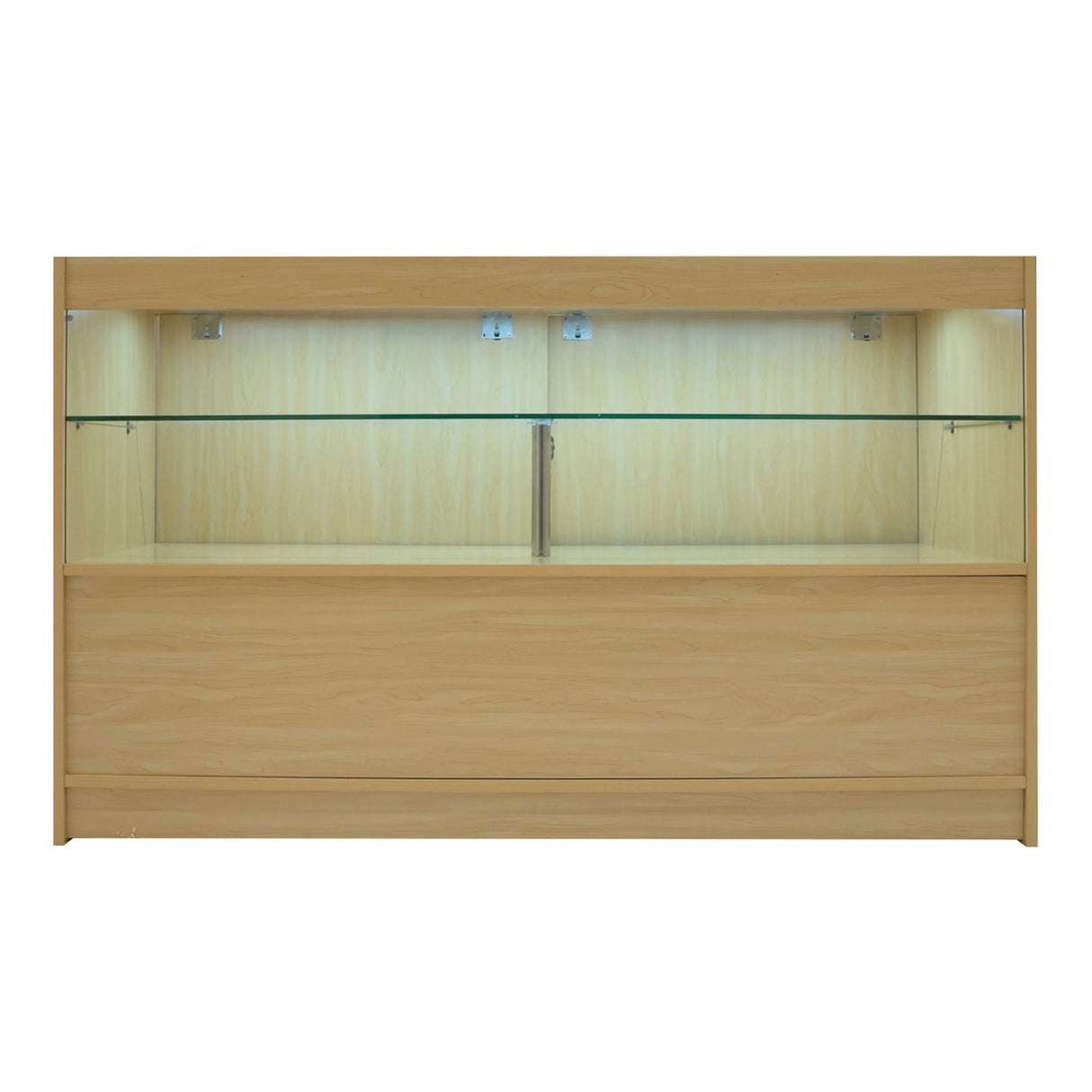 LED retail shop counter in maple finish, featuring a sleek design, glass shelves, and integrated lighting for product display