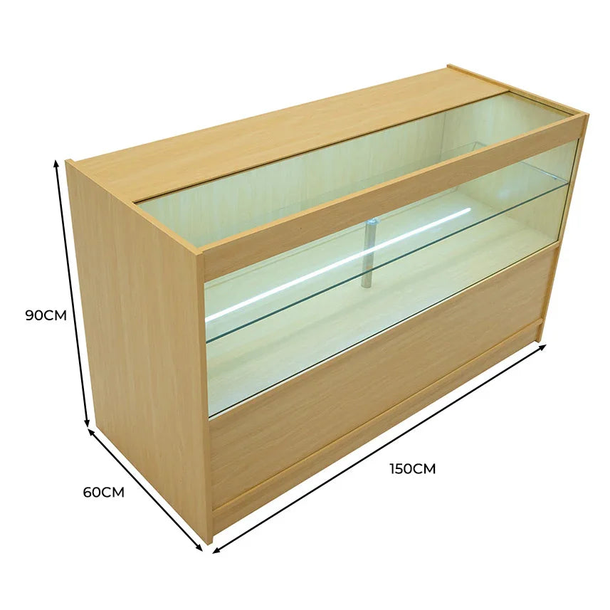 LED retail shop counter in maple finish, featuring a glass display top, LED lighting, and spacious storage below, measuring 150cm wide