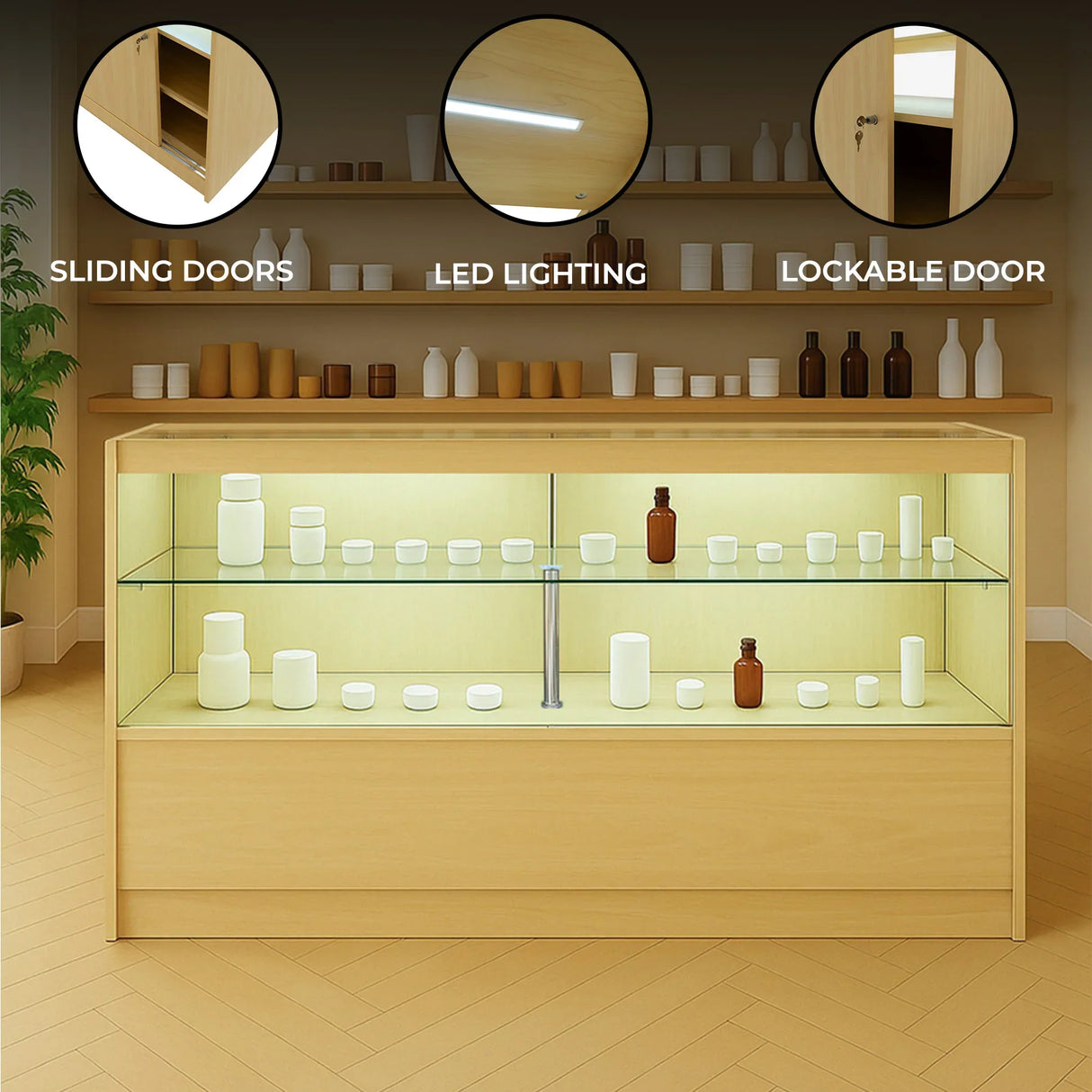 LED retail shop counter in maple finish featuring sliding doors, LED lighting, and a lockable door, showcasing various display items