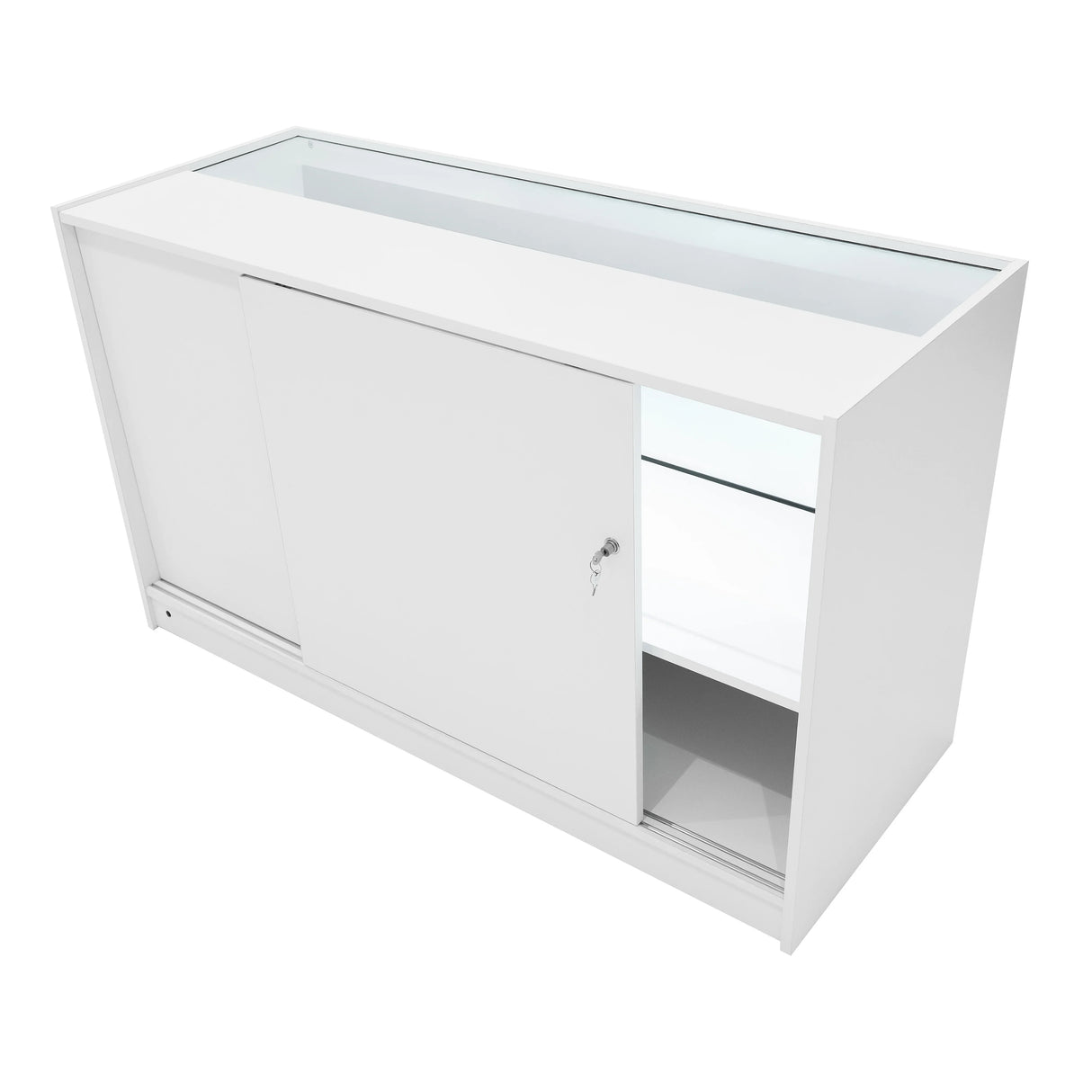 Sleek white LED retail shop counter C1500 with sliding doors, glass display top, and modern design, ideal for showcasing products