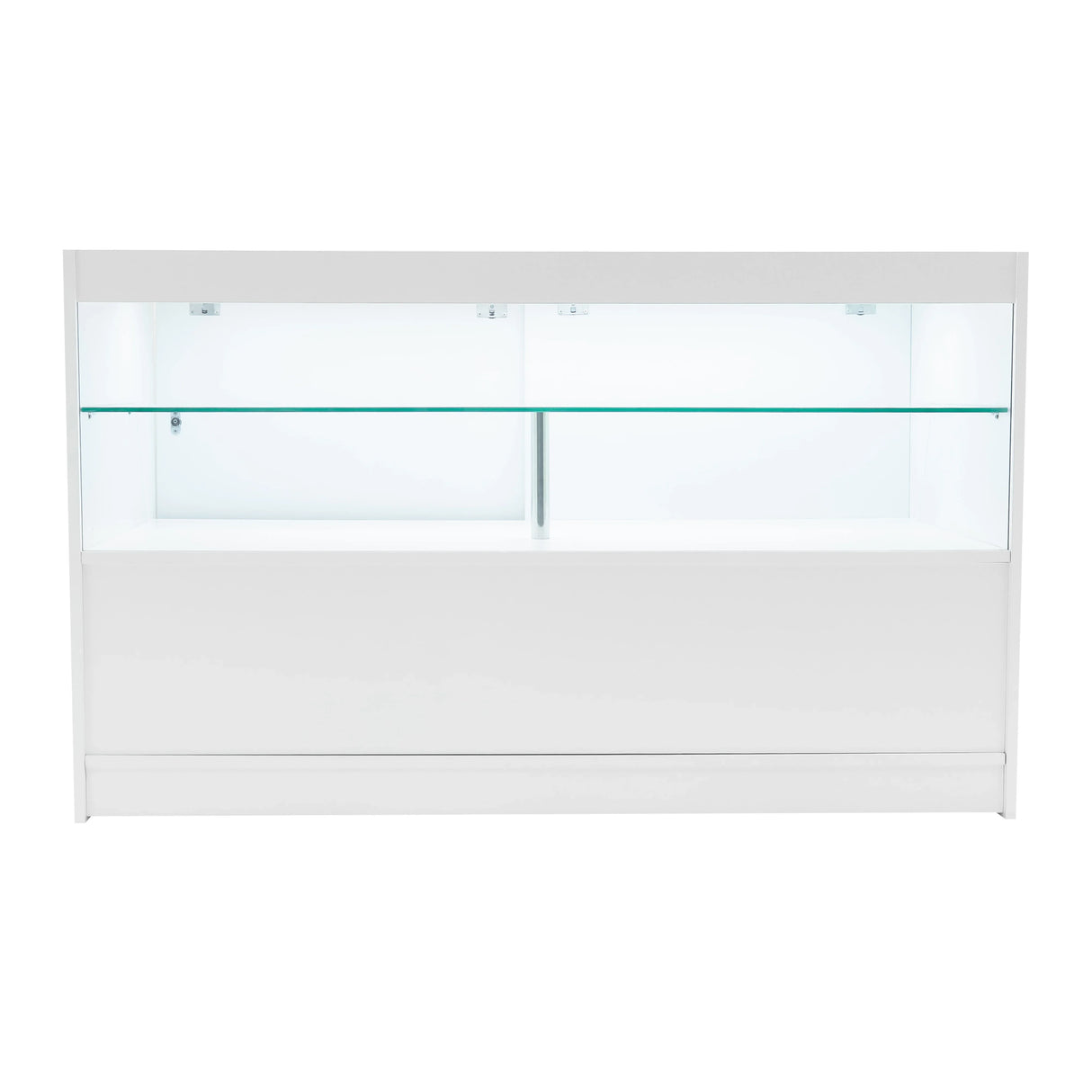 Sleek white LED retail shop counter C1500 with glass display shelves, modern design, perfect for showcasing products in stores