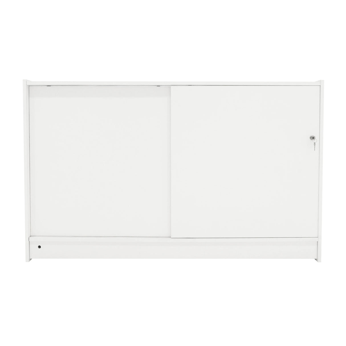 Sleek white LED retail shop counter C1500 with smooth surface, sliding door, and lockable compartment for secure storage