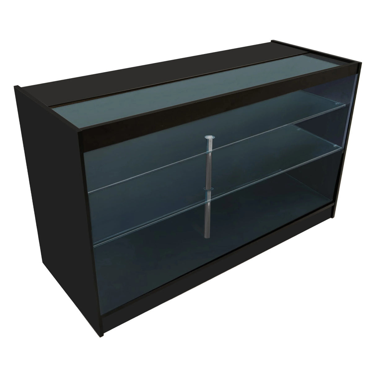 Black LED retail shop counter K1500 featuring a sleek design, glass shelves, and a modern finish, ideal for showcasing products