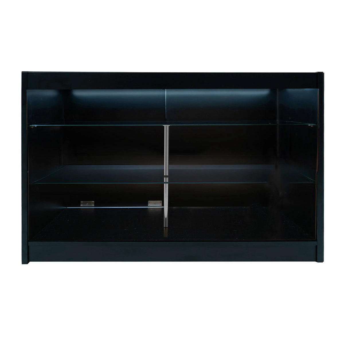 Sleek black LED retail shop counter K1500 with glass shelves, modern design, and illuminated interior for product display