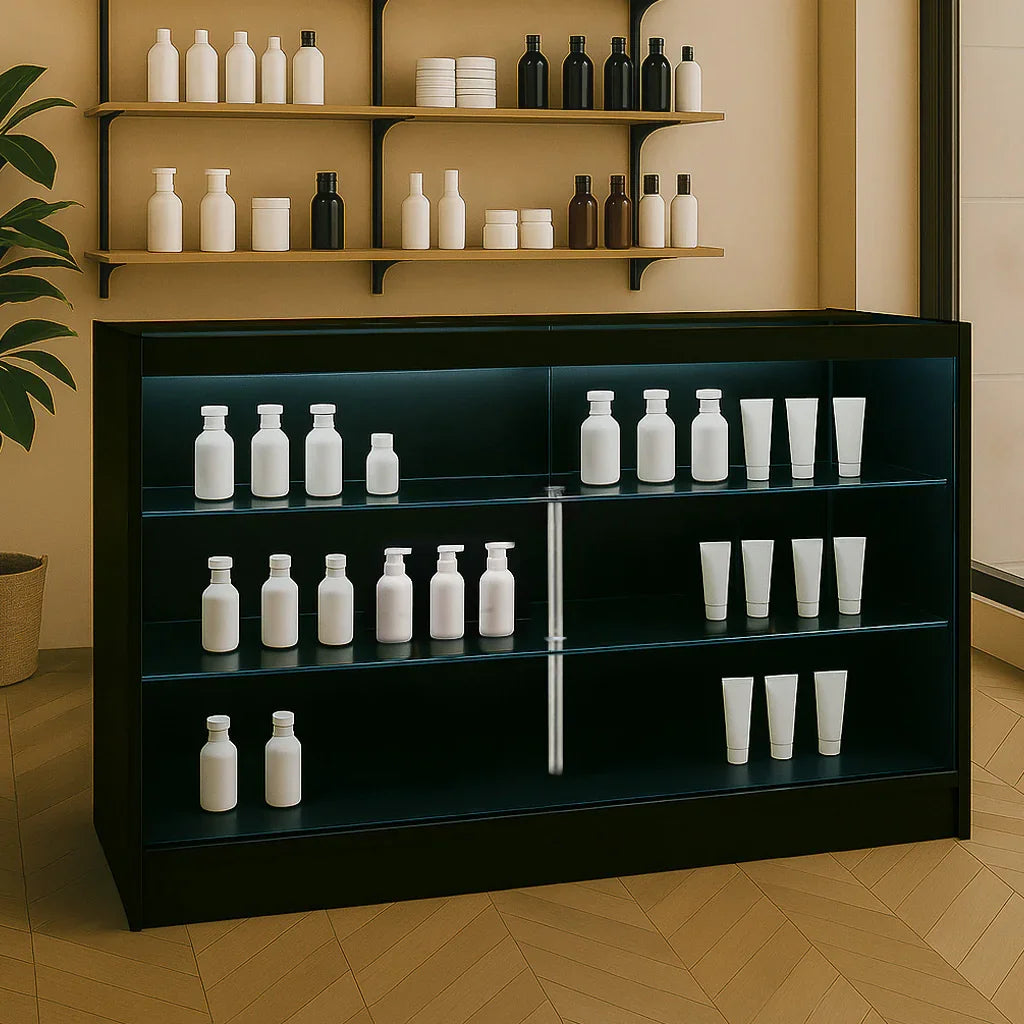 Black LED retail shop counter K1500 with glass shelves, showcasing white bottles and tubes in a modern, stylish setting