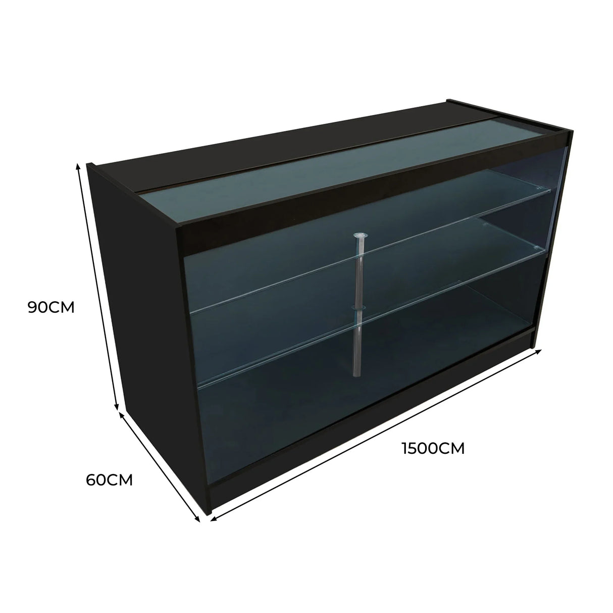 LED retail shop counter K1500 in sleek black, featuring glass shelves, modern design, and dimensions of 150cm x 60cm x 90cm