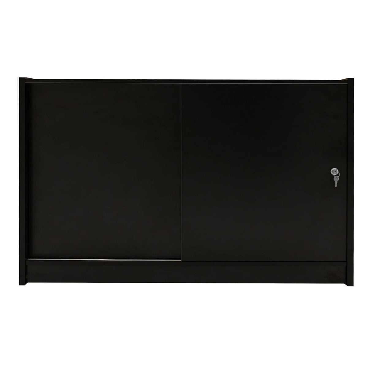 Sleek black LED retail shop counter K1500 with sliding doors and a lock, featuring a smooth finish and modern design
