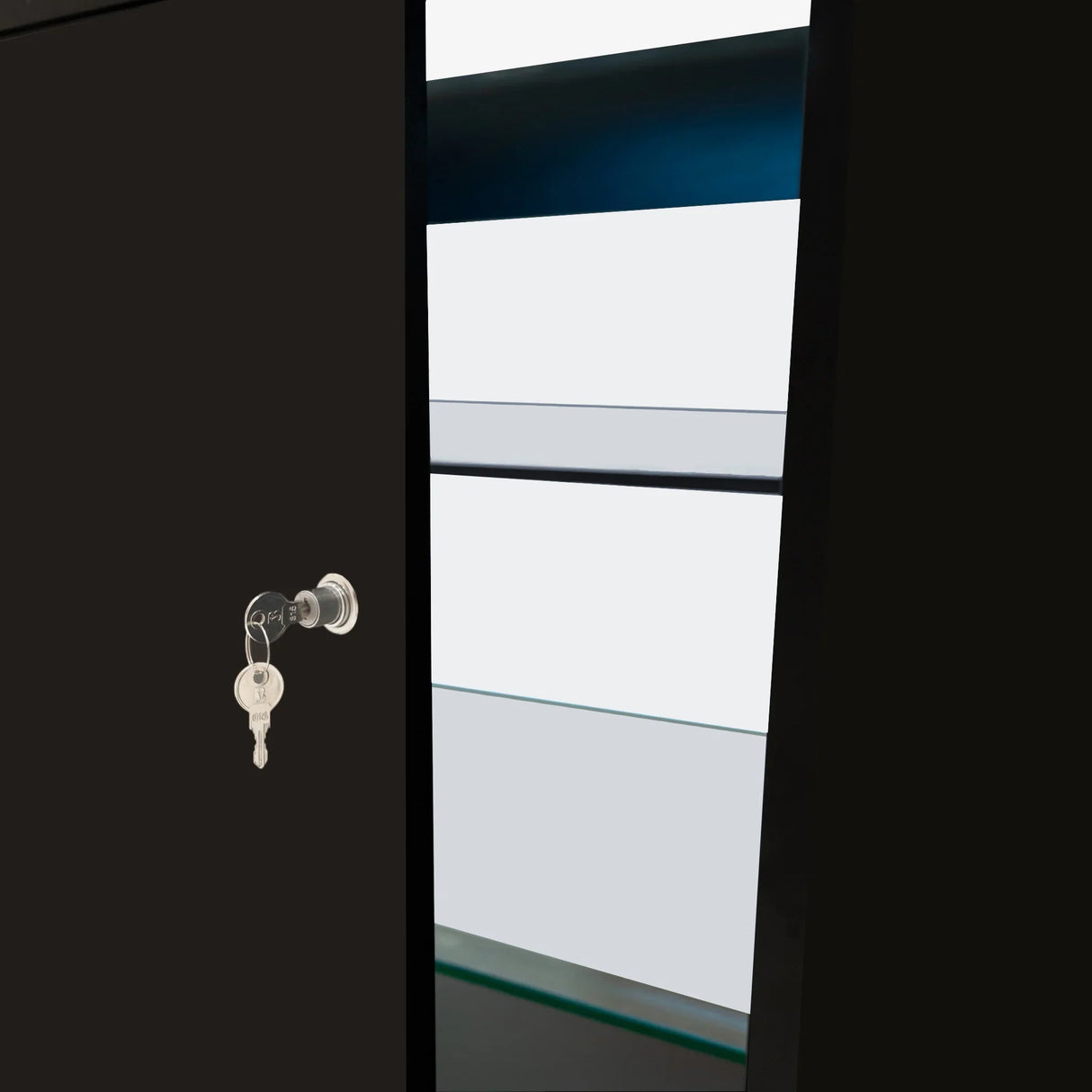 Black LED retail shop counter K1500 with glass shelves, featuring a secure lock and key for added safety and display elegance