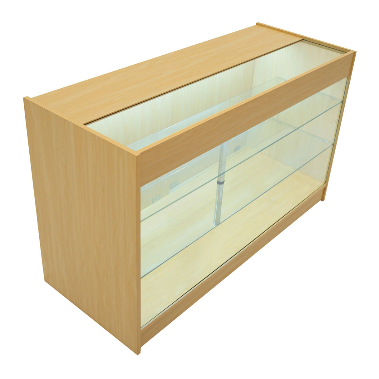 LED Retail Shop Counter K1500 in maple finish, featuring a glass display top, illuminated interior, and sleek, modern design