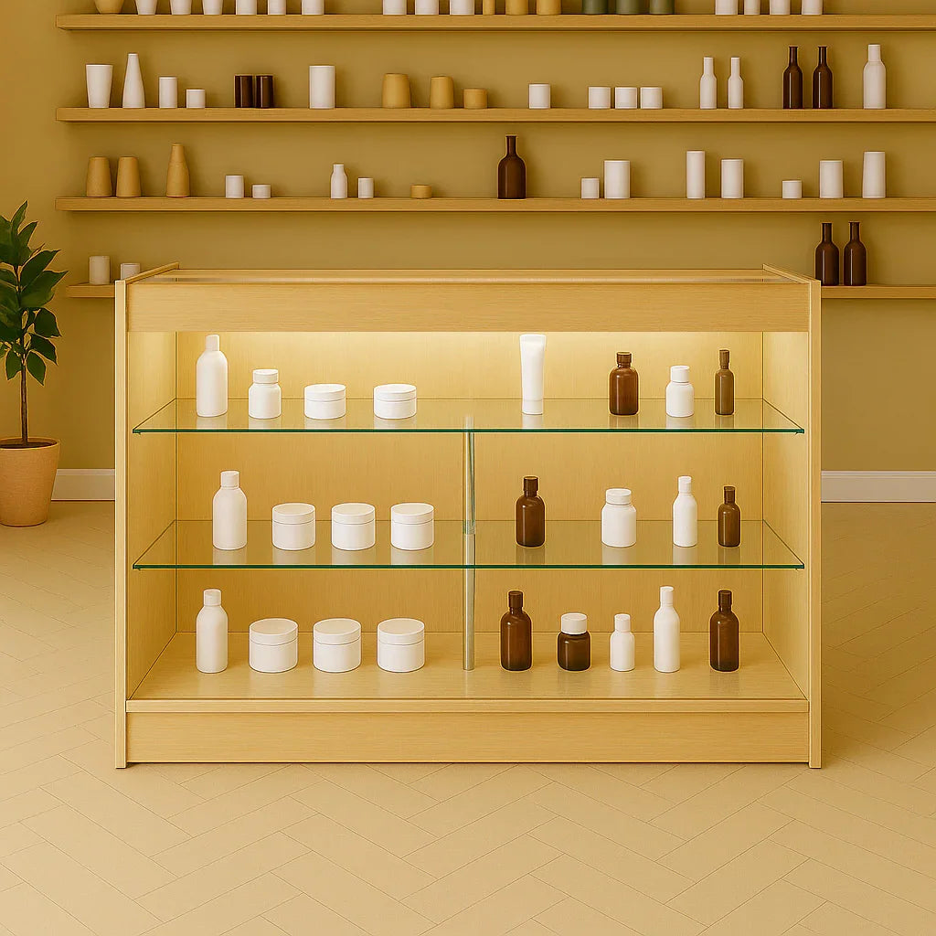 LED retail shop counter K1500 in maple wood with glass shelves, displaying various white and brown containers against a warm backdrop