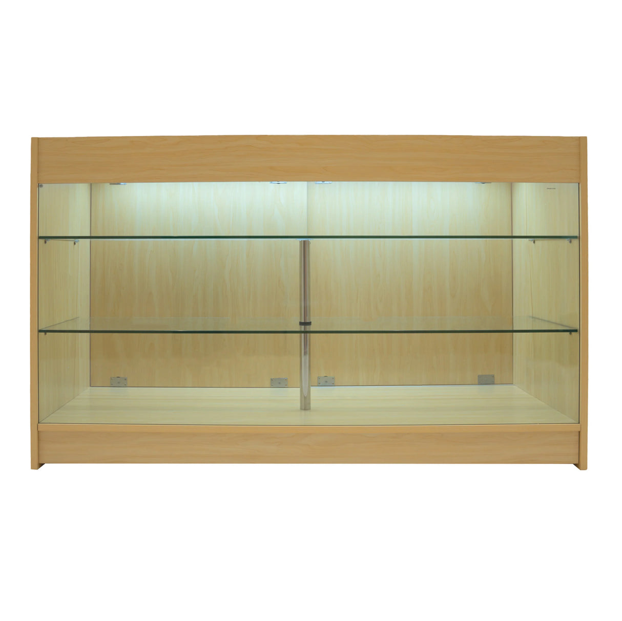 LED retail shop counter K1500 in maple finish, featuring glass shelves and soft interior lighting for product display