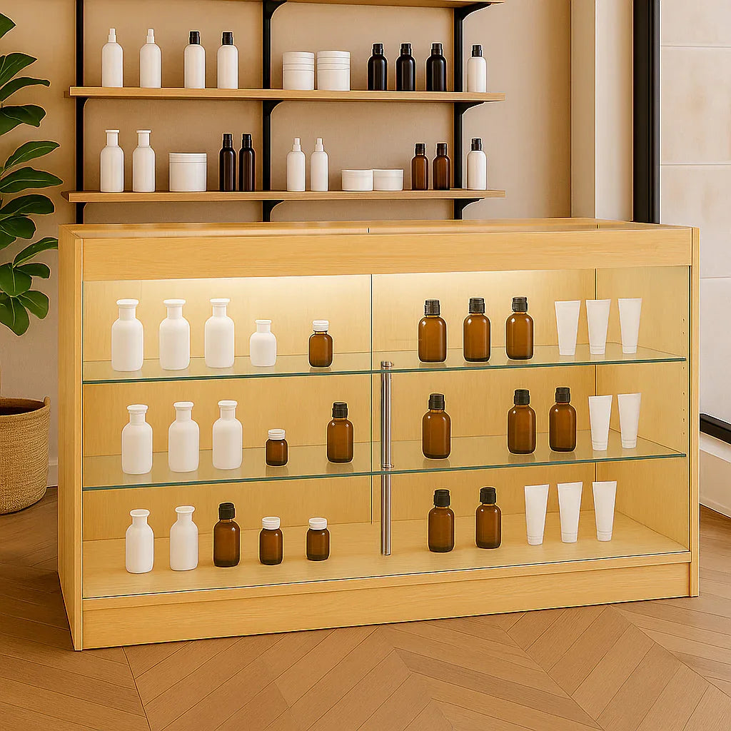 LED retail shop counter K1500 in maple wood, featuring glass shelves displaying various brown and white bottles in a modern setting