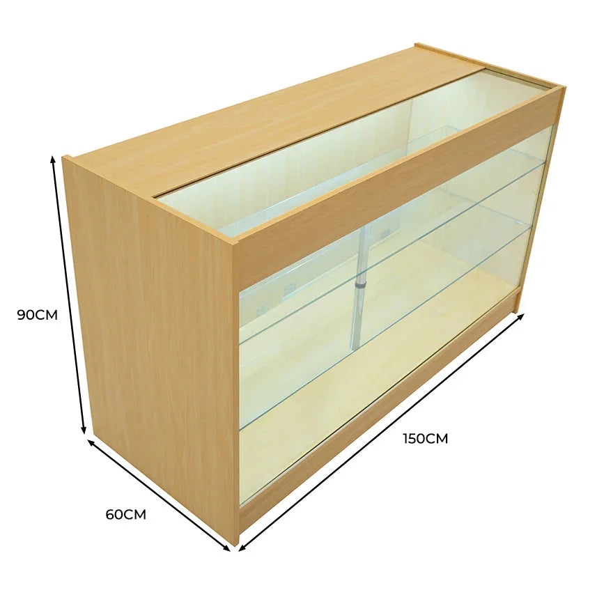 LED retail shop counter K1500 in maple finish, featuring a glass display top and shelves, measuring 150cm wide, 90cm high, and 60cm deep