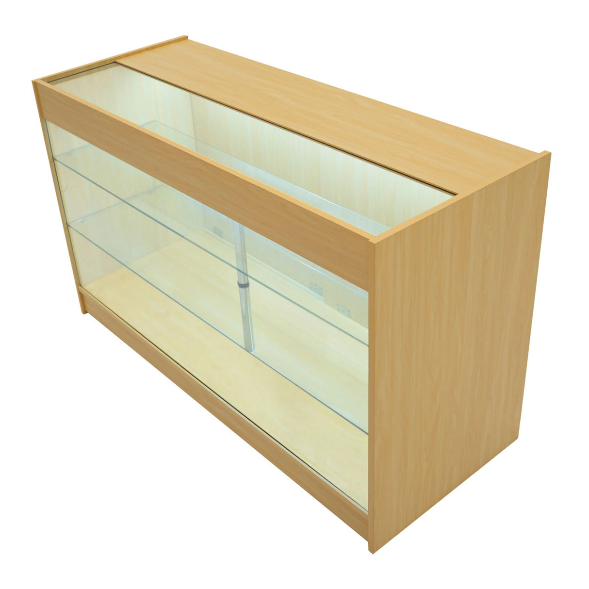 LED retail shop counter K1500 in maple finish, featuring a sleek design, glass display shelves, and integrated lighting for product visibility