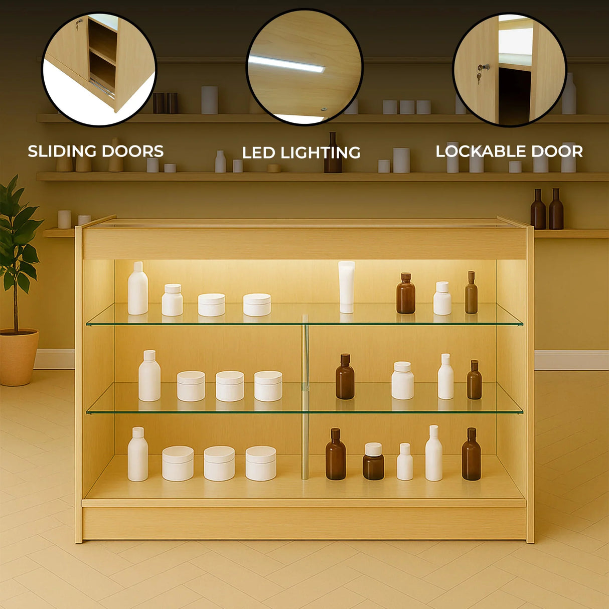 Maple LED retail shop counter K1500 with sliding doors, lockable storage, and glass shelves, illuminated for product display