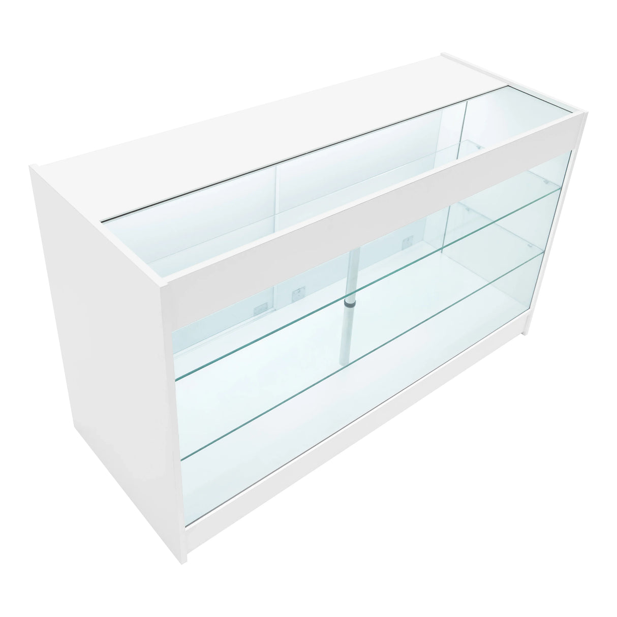 LED retail shop counter K1500 in sleek white with glass display shelves, modern design, ideal for showcasing products in stores