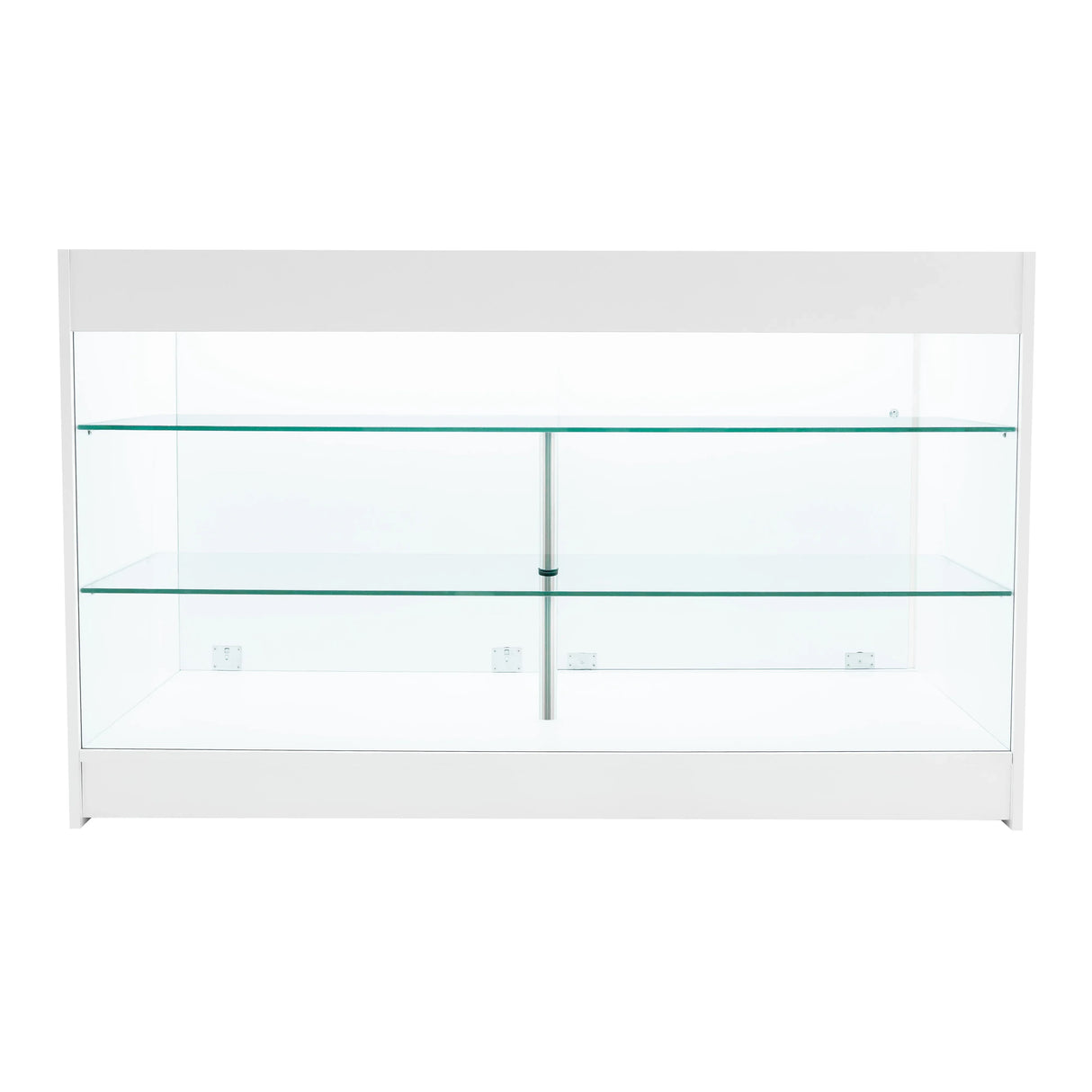 LED retail shop counter K1500 in sleek white with glass shelves, showcasing a modern design and bright interior lighting for product display