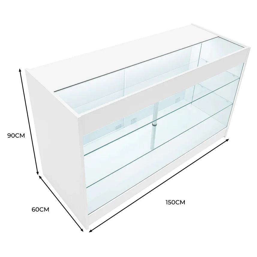 LED retail shop counter K1500 in sleek white finish, featuring a glass display top and shelves, dimensions 150cm x 60cm x 90cm