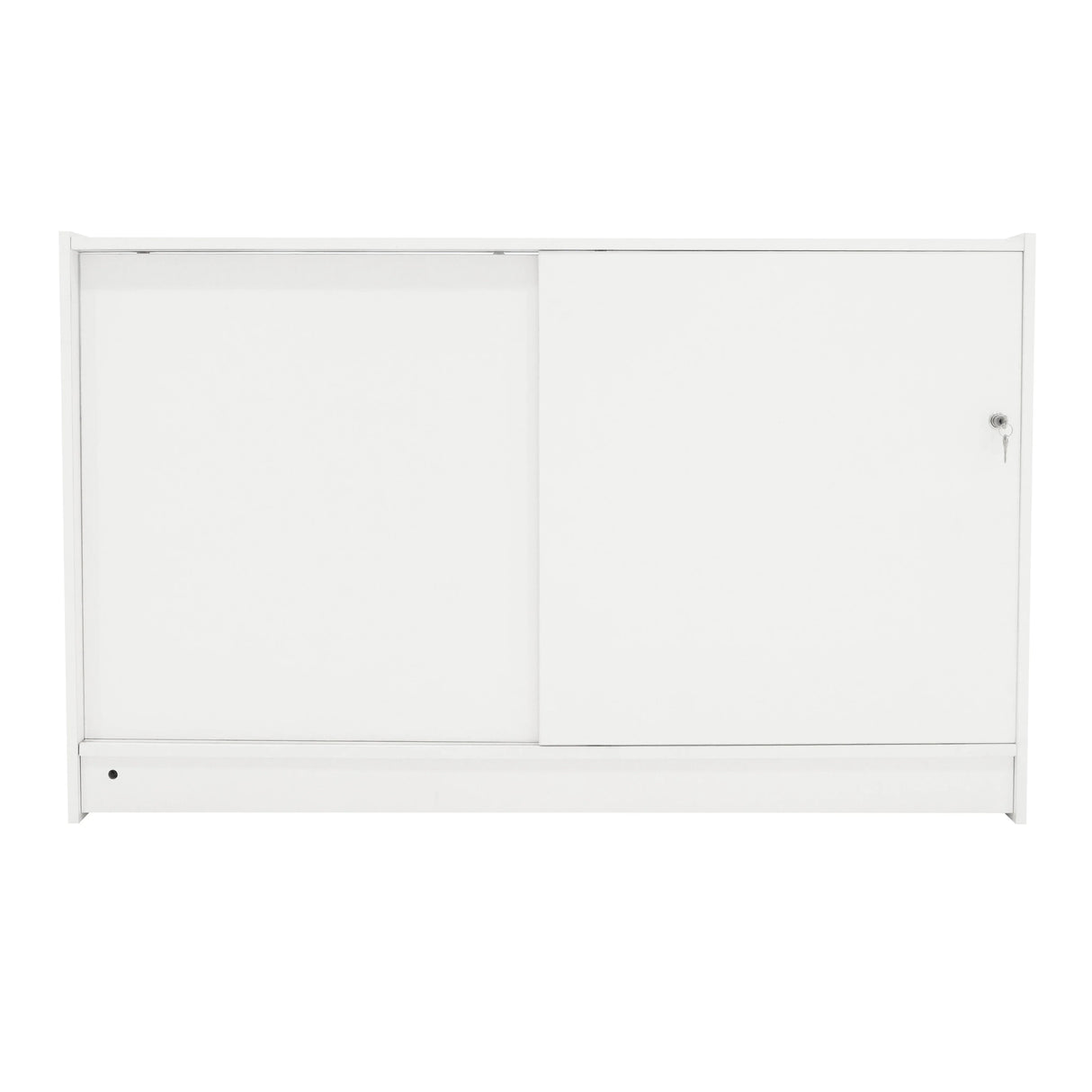 LED Retail Shop Counter K1500 in sleek white finish, featuring smooth surfaces, sliding doors, and a modern design ideal for retail spaces