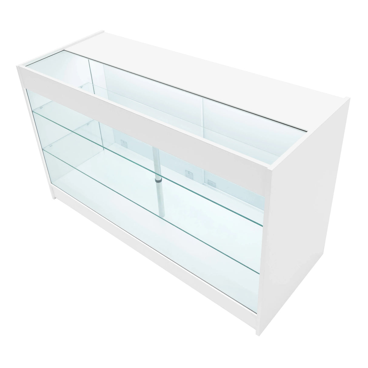 Sleek white LED retail shop counter K1500 with glass shelves and a modern design, ideal for showcasing products in stores