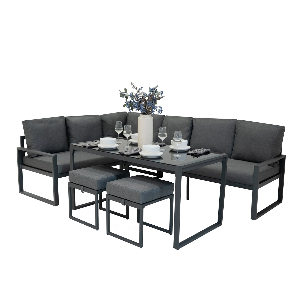 Anthracite grey aluminium corner sofa set with plush cushions, sleek design, and matching stools, perfect for outdoor lounging