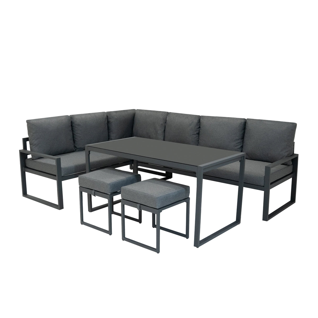Anthracite grey aluminium corner sofa set with plush cushions and a sleek rectangular table, perfect for outdoor lounging
