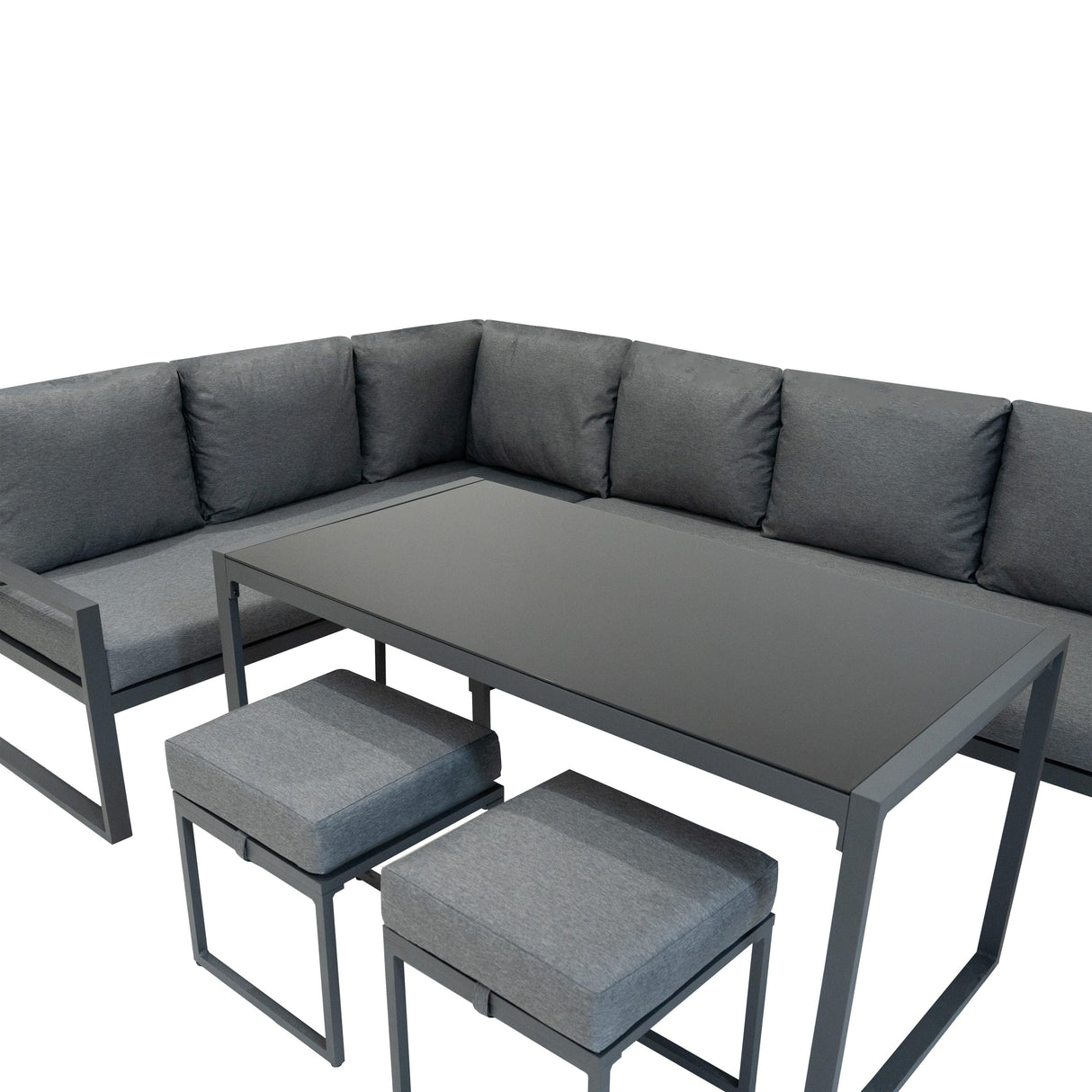 Aluminium corner sofa set in anthracite grey with plush cushions, sleek lines, and a modern glass-top table, ideal for outdoor spaces