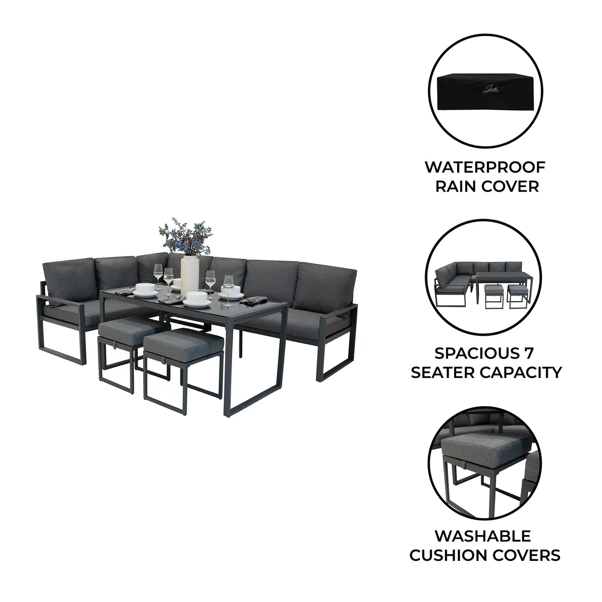 Aluminium corner sofa set in anthracite grey with plush cushions, featuring a spacious design and sleek, modern lines