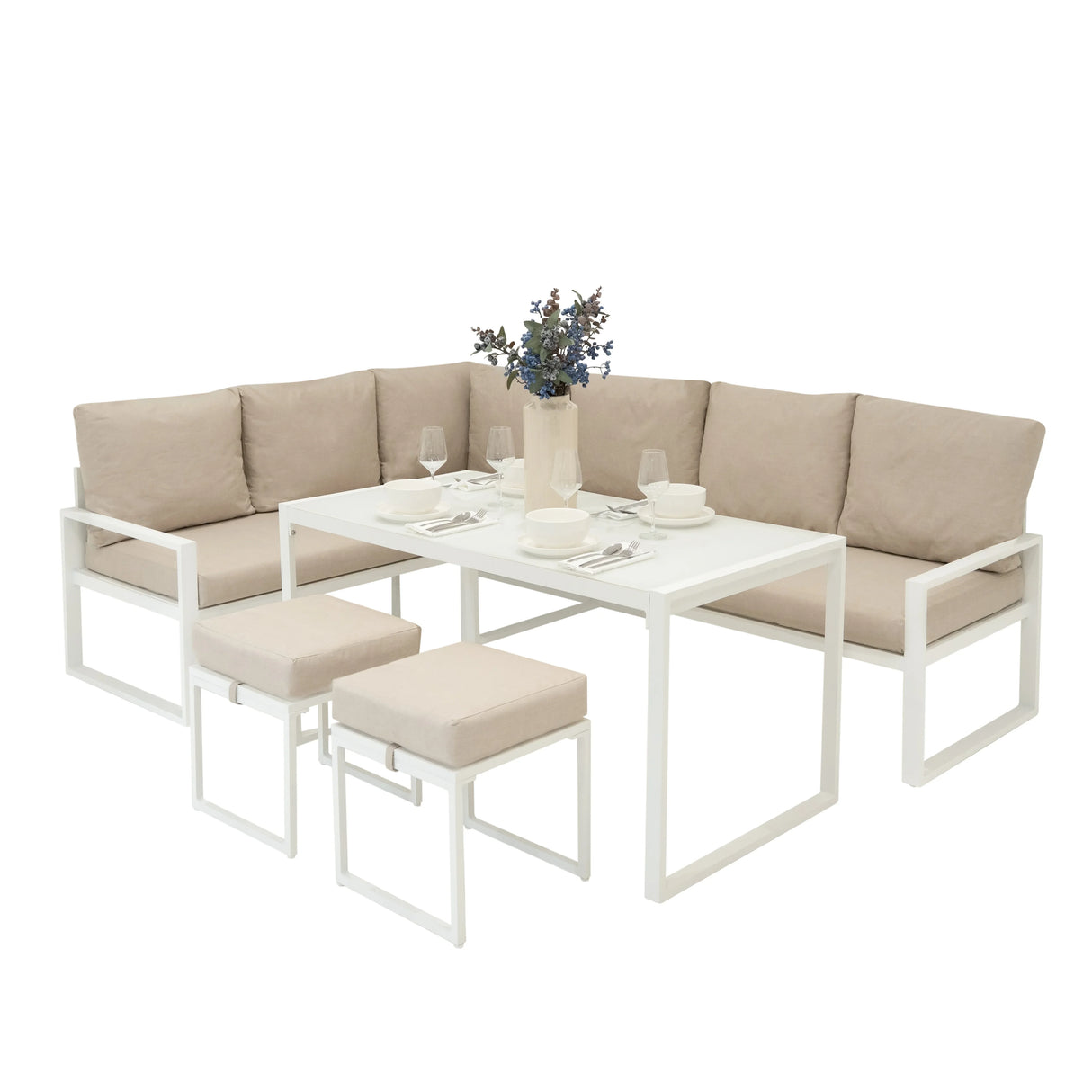 Stylish white aluminium corner sofa set with soft beige cushions, perfect for outdoor dining and relaxation, featuring a modern design