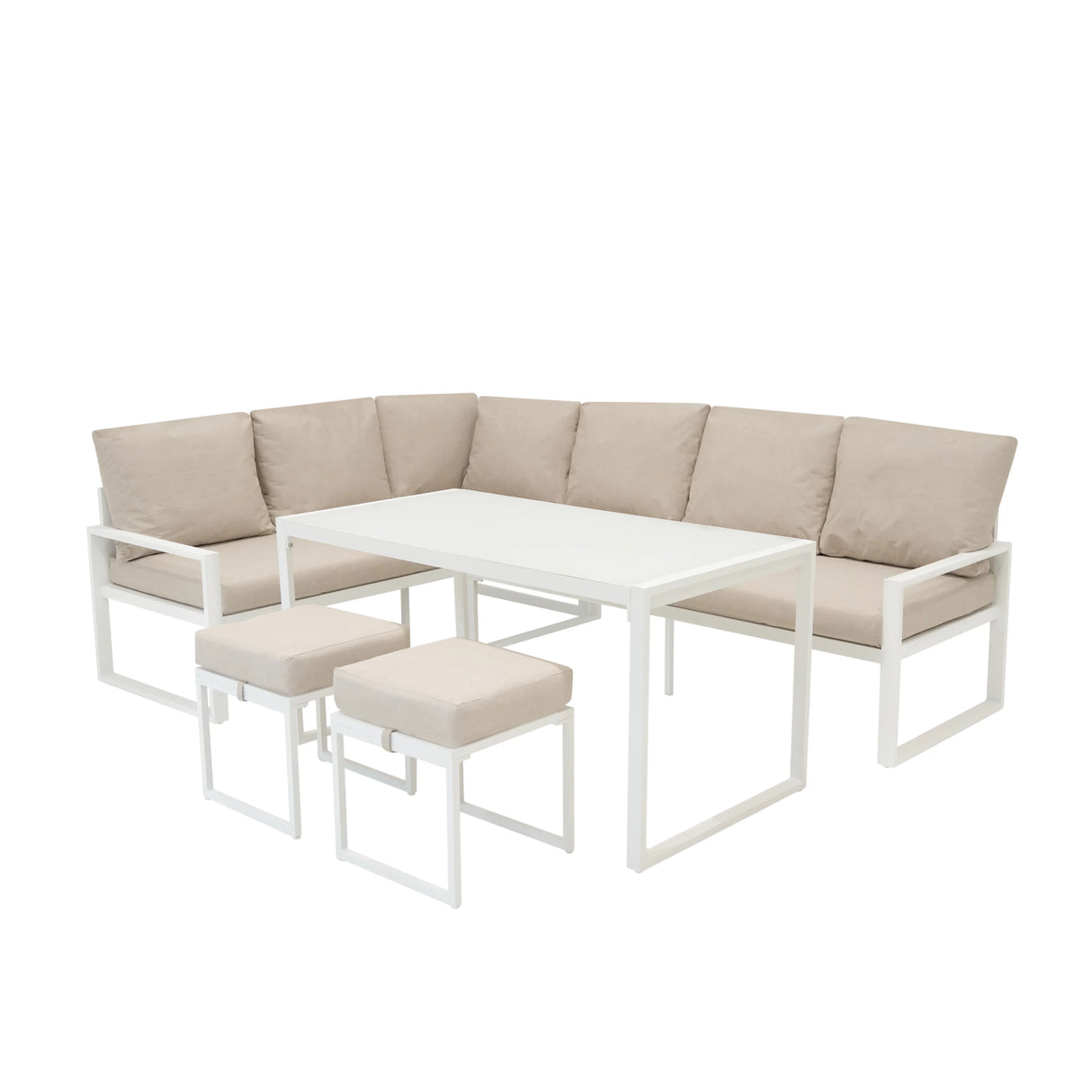Stylish white aluminium corner sofa set with soft beige cushions and a matching table, perfect for outdoor relaxation and dining