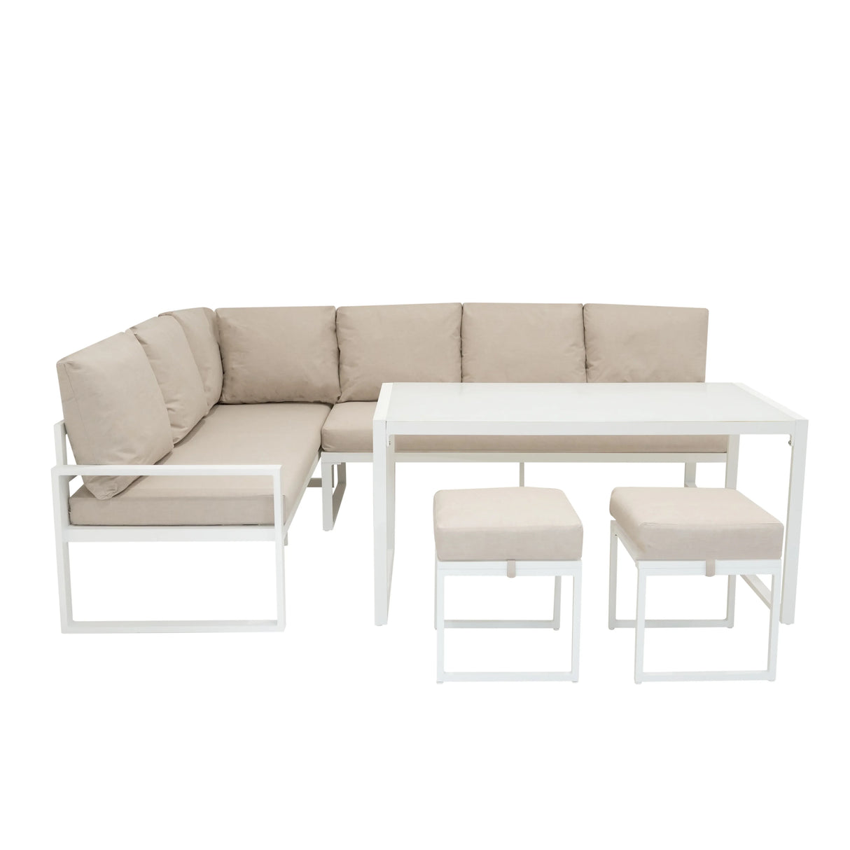 Stylish white aluminium corner sofa set with beige cushions, featuring a glass-top table and two matching stools for outdoor lounging