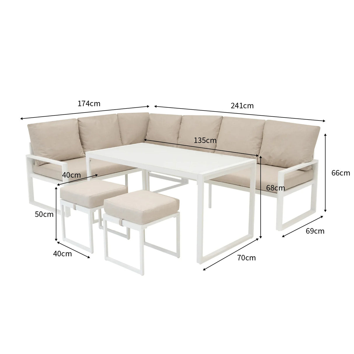 Stylish white aluminium corner sofa set with soft beige cushions, featuring a modern design and spacious seating for outdoor relaxation