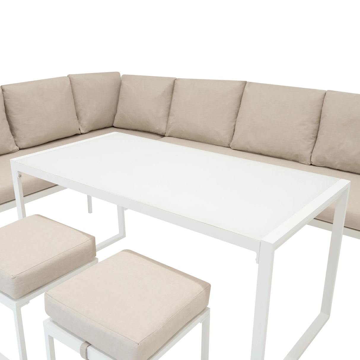 Stylish white aluminium corner sofa set with plush beige cushions and a sleek glass table, perfect for outdoor relaxation
