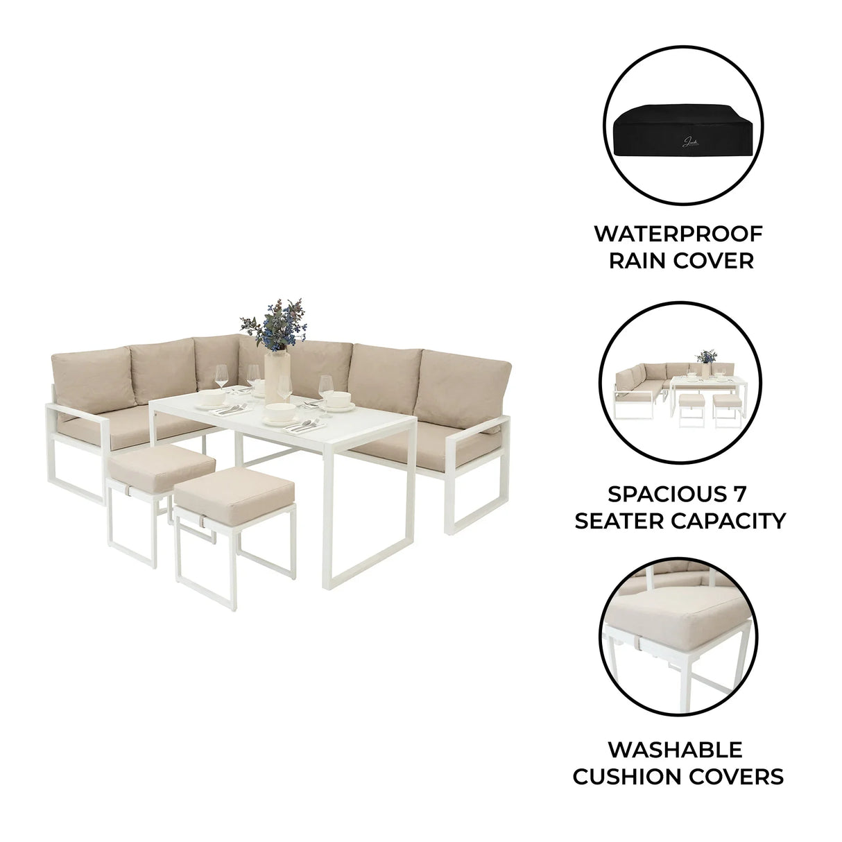 Aluminium corner sofa set in white with beige cushions, featuring a spacious 7-seater design and waterproof rain cover for outdoor use