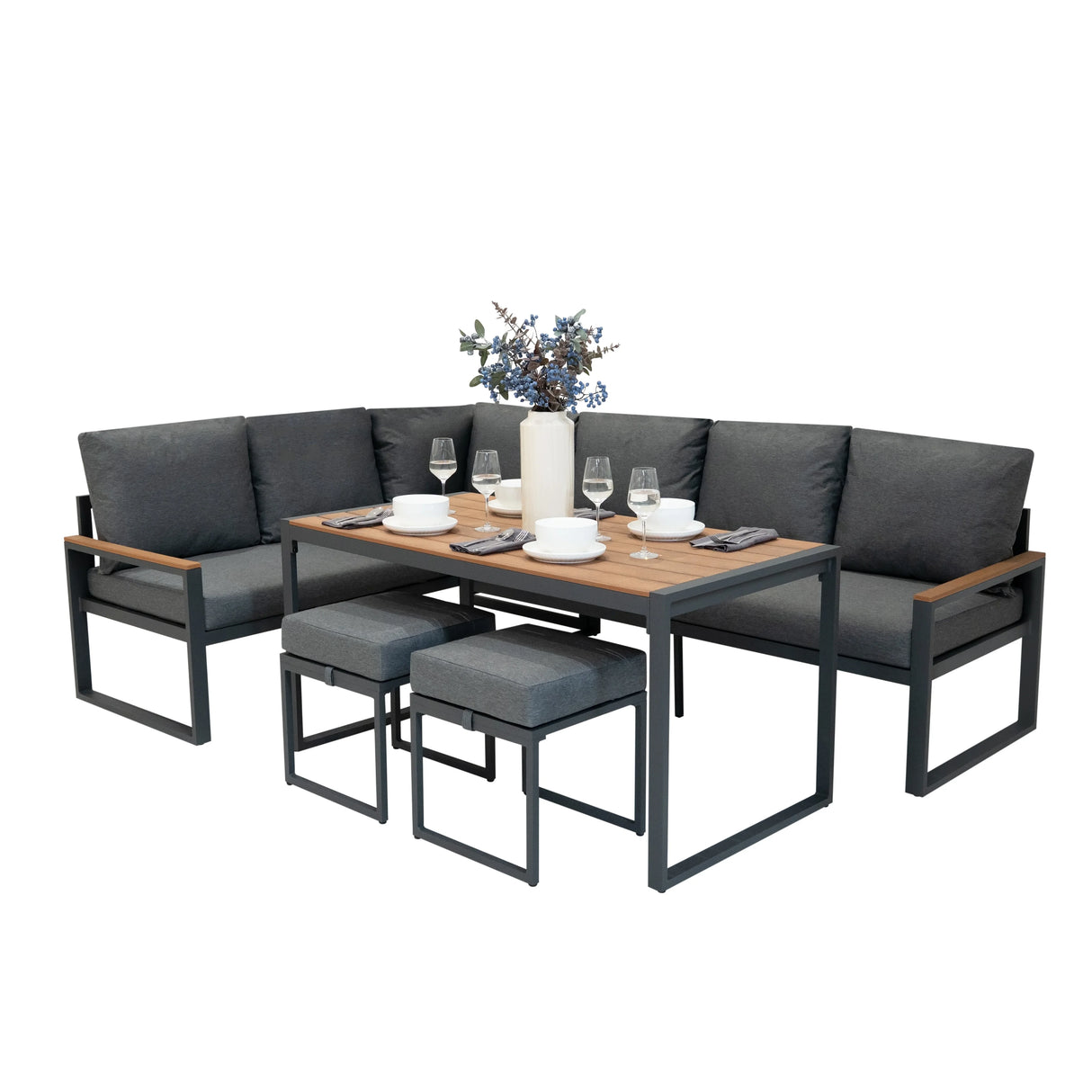 Aluminium corner sofa set with wood effect table, featuring dark gray cushions, sleek metal frames, and a modern design
