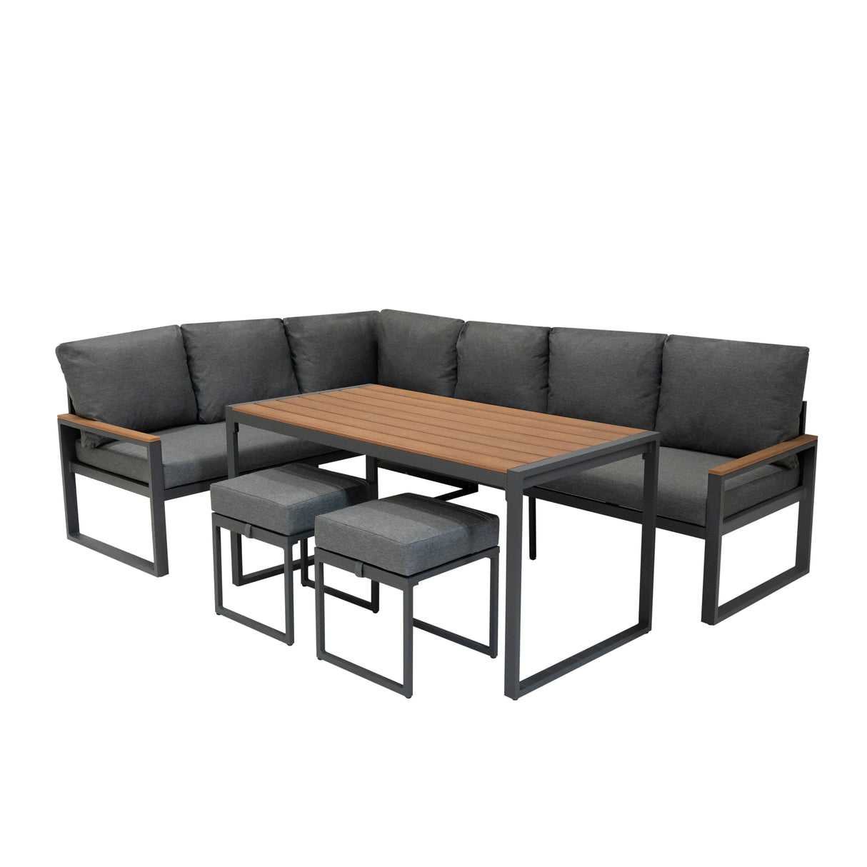 Aluminium corner sofa set with wood effect table, featuring grey cushions and sleek metal frame, perfect for outdoor lounging