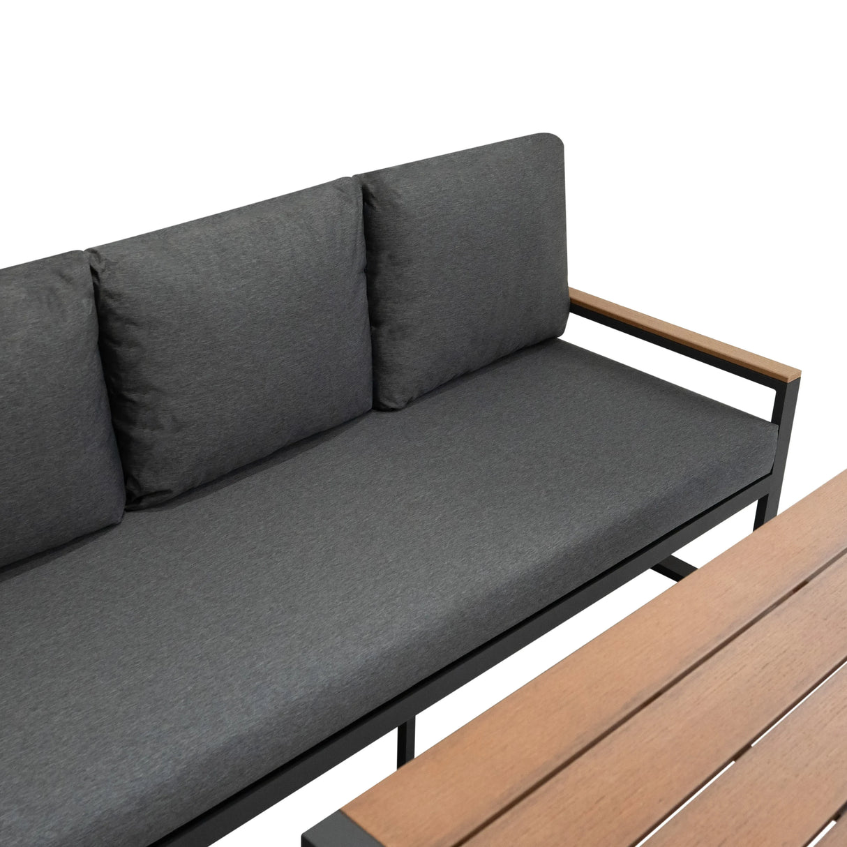 Aluminium corner sofa set featuring a wood effect frame, dark gray cushions, and sleek lines for modern outdoor seating