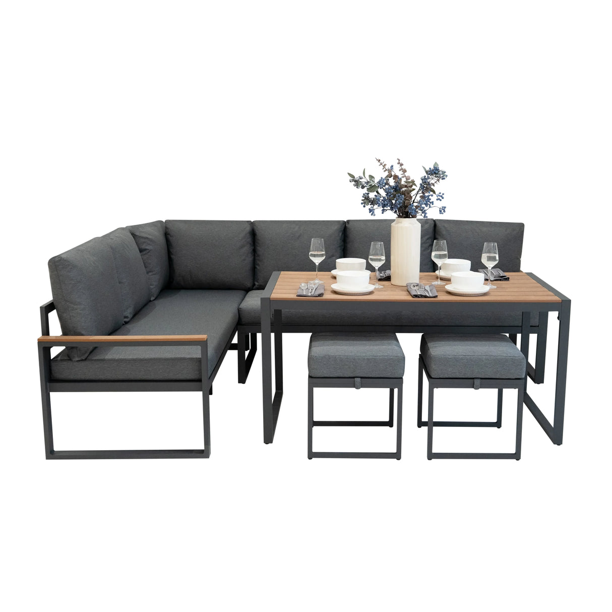 Aluminium corner sofa set with wood effect tabletop, gray cushions, and sleek black frame, perfect for outdoor dining and relaxation