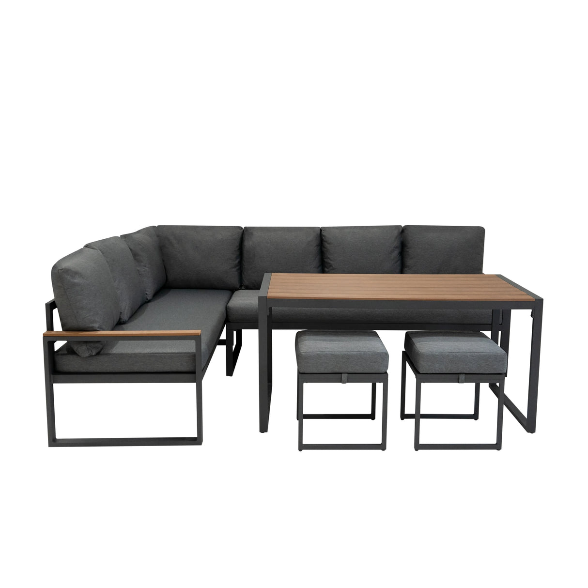 Aluminium corner sofa set with wood effect table, featuring grey cushions, sleek lines, and modern design, perfect for outdoor spaces