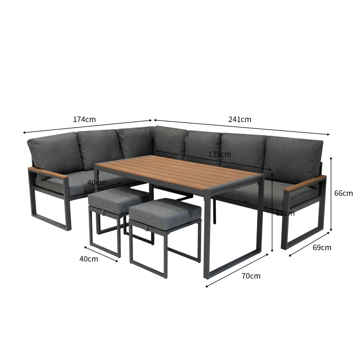 Aluminium corner sofa set with wood effect, featuring grey cushions, sleek black frame, and a matching table with wooden top
