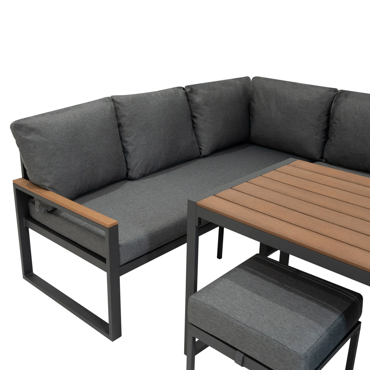 Aluminium corner sofa set with wood effect accents, featuring dark gray cushions and a sleek, modern design for outdoor comfort
