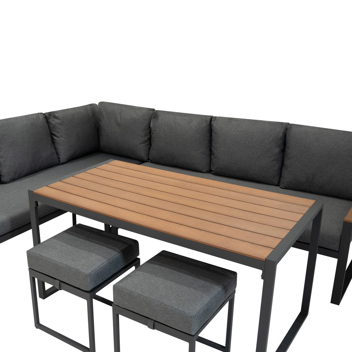 Aluminium corner sofa set with wood effect tabletop, featuring dark gray cushions and sleek metal frame, perfect for outdoor lounging