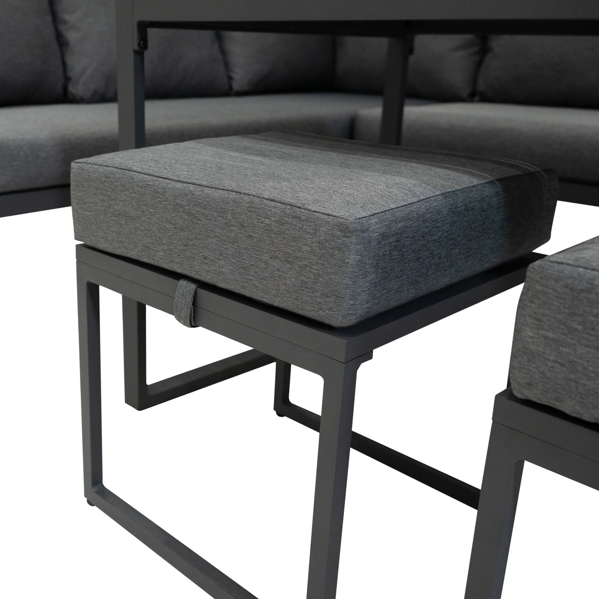 Aluminium corner sofa set with wood effect, featuring gray fabric cushions and sleek metal frame, ideal for outdoor lounging