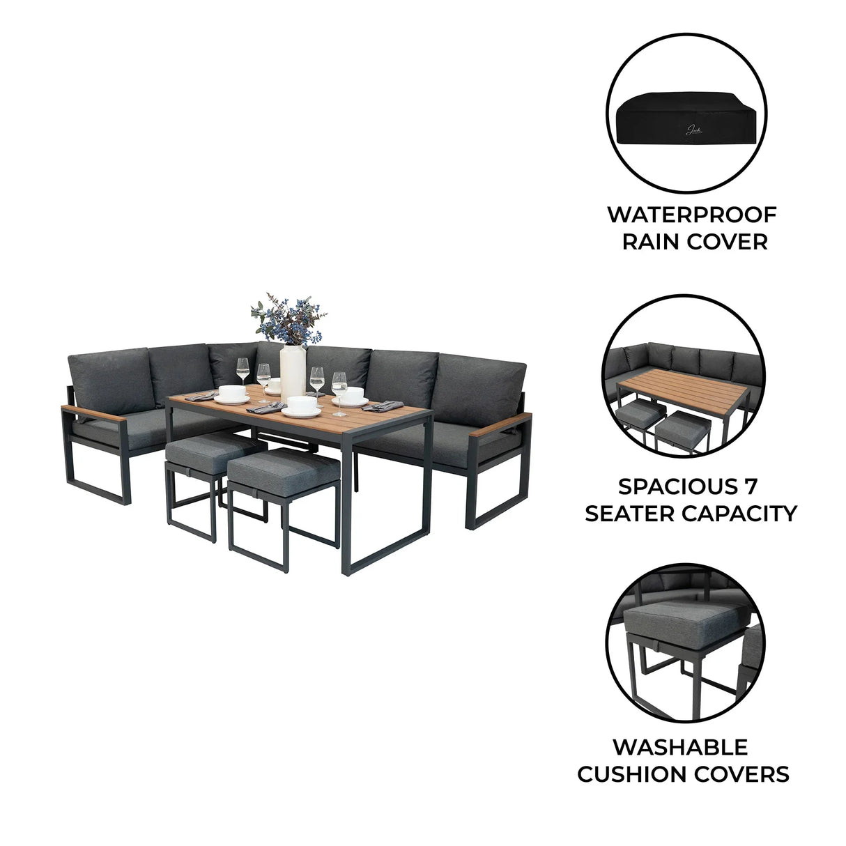 Aluminium corner sofa set with wood effect tabletop, grey cushions, spacious for 7, featuring waterproof cover and washable cushion covers